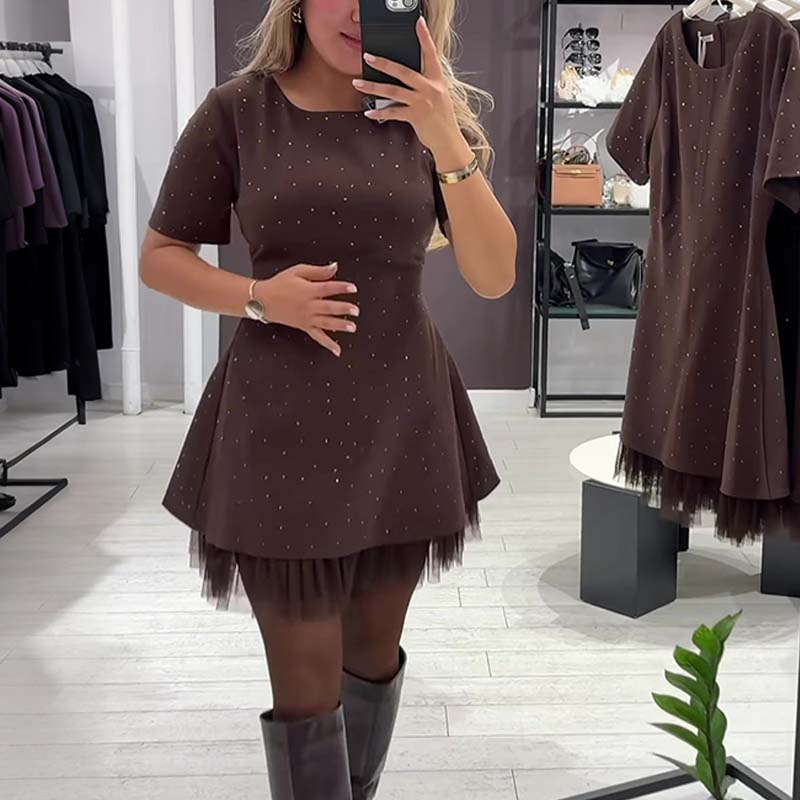 Mini Robe pour Femme Scintillante à Manches Courtes et Dentelle