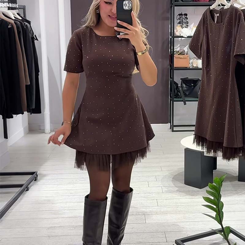 Mini Robe pour Femme Scintillante à Manches Courtes et Dentelle